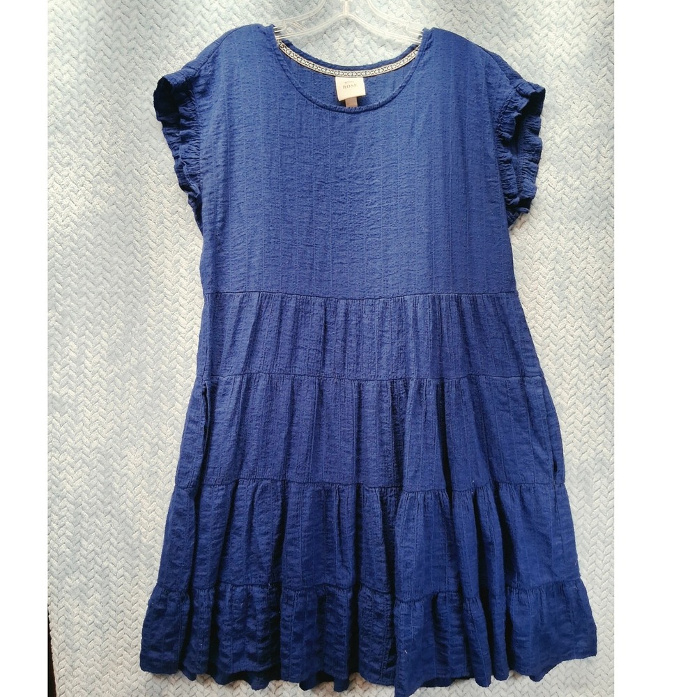 Knox Rose Navy Blue Tiered Flutter Sleeve Mini Dress Medium Boho Textured Shift